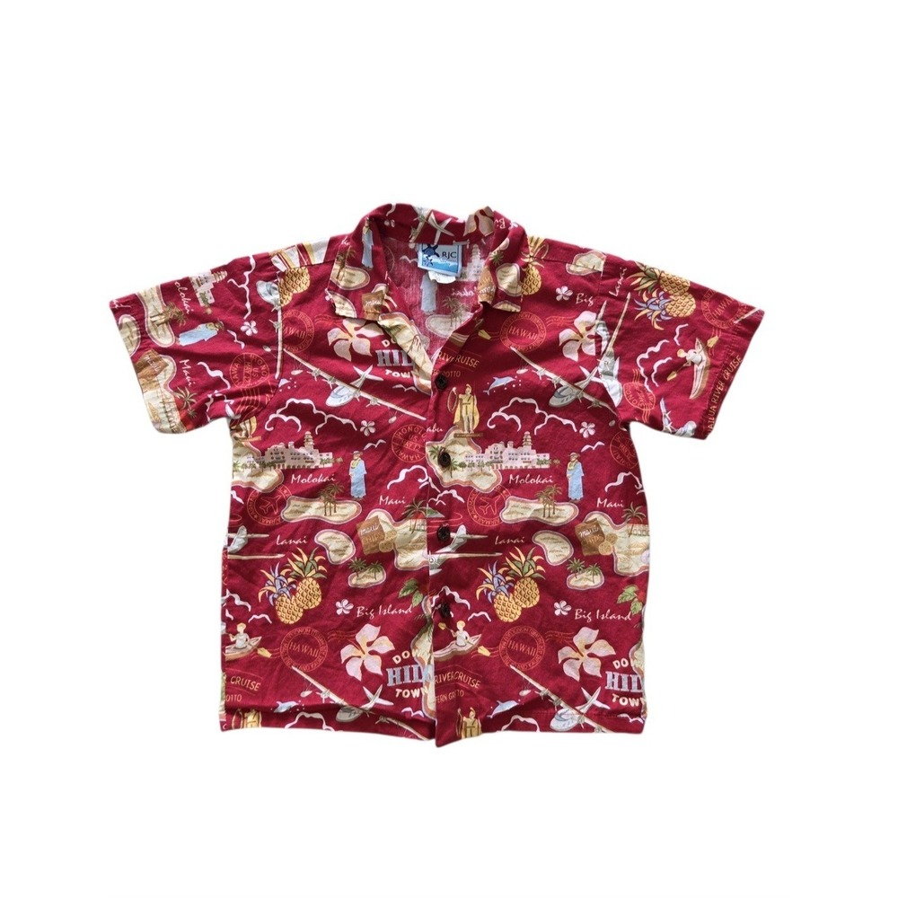 Vintage RJC Hawaii Boys Red Aloha Shirt Hilo Island Size 6 USA Cotton Tropical